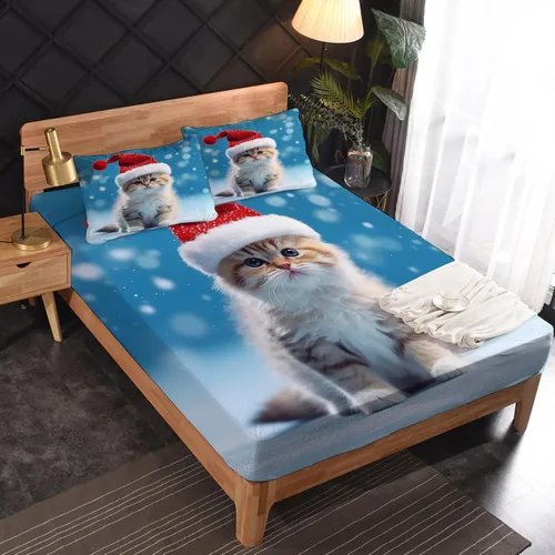 Vista 3 de Sábanas de gato tamaño individual – Sábanas y fundas de almohada de Navidad – 100% microfibra, estampado de alta cantidad de hilos, sábana encimera