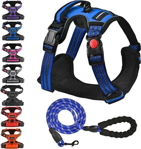 Vista 11 de Arnés para perro sin tirón y correa - Chaleco ajustable suave y acolchado, chaleco Oxford reflectante con asa de fácil control para perros pequeños