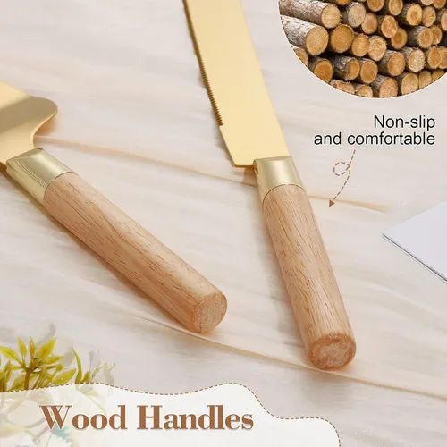 Vista 5 de Juego de corte de pastel dorado para boda, juego de cuchillo de pastel de madera y servidor, juego de corte de pastel rústico de 2 piezas, cubiertos