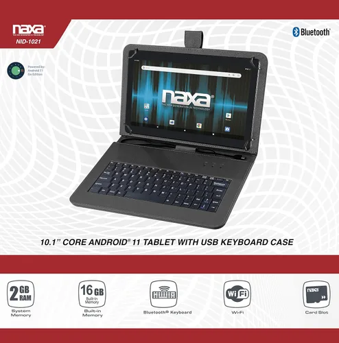 Vista 5 de Naxa NID-1021 Core Android 11 Tablet con pantalla HD IPS de 10.1 pulgadas y funda de teclado USB, procesador Quad Core de 1.6 GHz, RAM de 2 GB