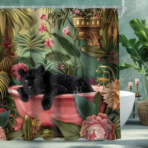 Vista 18 de Juego de cortina de ducha de baño con diseño de leopardo y guepardo rosa A-01pink leopardo verde