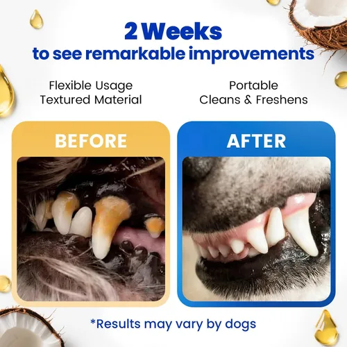 Vista 4 de Kit de cepillado de dientes de mascotas, 60 toallitas de limpieza de dientes (coco) Alternativas a cepillos de dientes y pasta de dientes