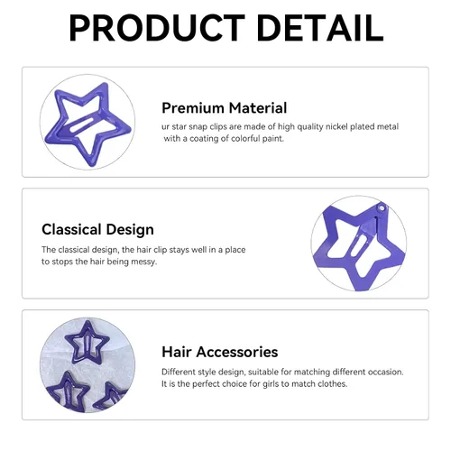 Vista 3 de Pinzas para el cabello con diseño de estrellas moradas, 10 unidades, para niñas, kawaii, antideslizantes, con estrellas, accesorios para el cabello