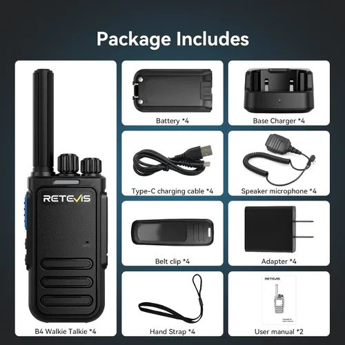 Vista 9 de Retevis MateTalk - Walkie Talkies B4 con micrófono de hombro impermeable, cancelación de ruido de radio de 2 vías, compacto, carga USB-C, radios