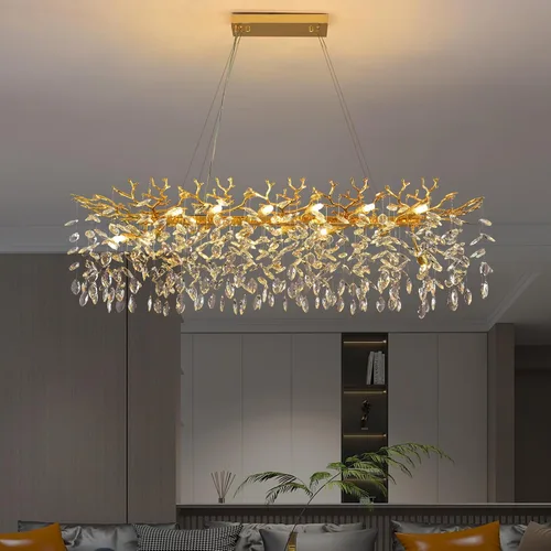 Vista 16 de Candelabro rectangular con ramas de árbol de cristal, L40 pulgadas, Mpdern de lujo cromado lineal Art Deco con forma de gota de lluvia para cocina