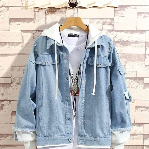 Vista 3 de Juejuezi Chaqueta de mezclilla unisex de una pieza de Luffy Anime Trafalgar Law Cosplay Casual Distressed Jean Chaqueta Abrigo para Halloween