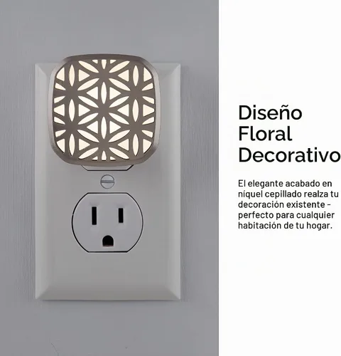 Vista 3 de Lights by Night Luz nocturna LED decorativa, diseño de flores de níquel cepillado, enchufe, sensor de atardecer a amanecer, certificado UL