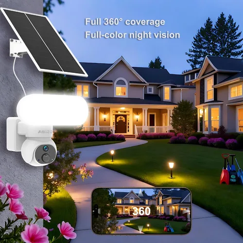 Vista 2 de Cámara de seguridad solar inalámbrica AQUZO, reflector de 1500LM y PTZ 2K Color Night Vision, 64GB SD Included, 2.4G WiFi, Solar+Battery, AI Human