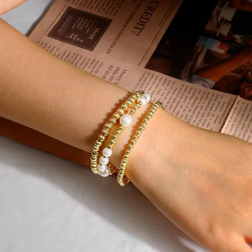 Vista 3 de Pulsera de cuentas de oro para mujer, apilable, chapada en perlas, juego de pulseras elásticas para mujer, a la moda