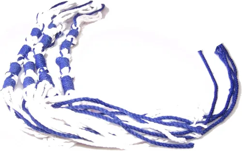 Vista 3 de Holy Land Market Tzitzits - Juego de cuatro borlas judías blancas con hilo azul, azul marino, hilo Mesías más largo con bucles enredados