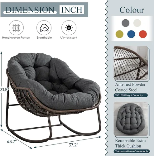 Vista 2 de Juego de 2 mecedoras para exteriores, silla mecedora de huevos de mimbre de gran tamaño, para interiores y exteriores, cómoda silla mecedora con Gris