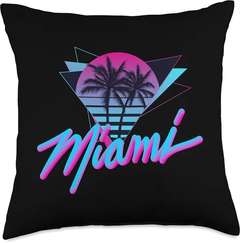 Vista 5 de Miami - Palm Trees - Vaperwave Synthwave 80s Style Almohada retro, 16 x 16 pulgadas, multicolor
