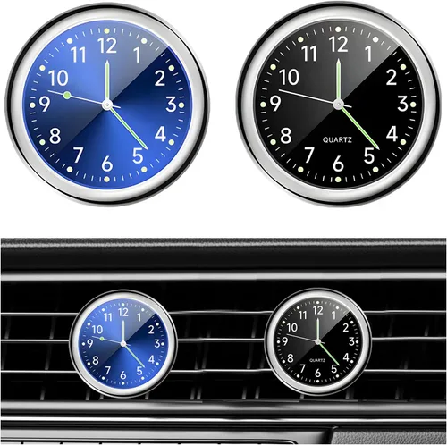 Vista 11 de Dickno 2 piezas de reloj de tablero adhesivo para automóvil, mini relojes de ventilación de cuarzo analógico luminoso, relojes de ventilación
