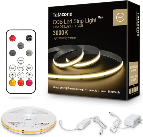 Vista 13 de Tatazone Tira de luces LED COB blancas Max con control remoto RF, 16.4 pies 2700K CRI93+ regulable, tira de luz COB blanca cálida ultra brillante