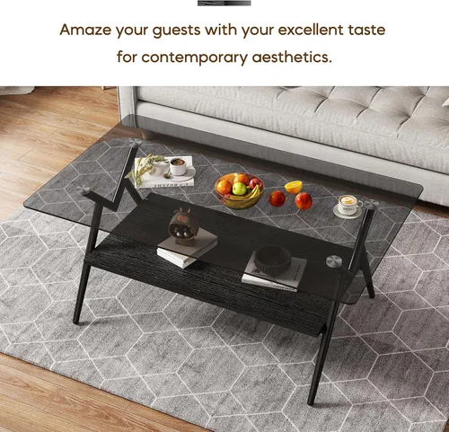 Vista 3 de Mesa auxiliar rectangular contemporánea de cristal con patas de metal cruzadas en ángulo para sala de estar, elegante mesa auxiliar de vidrio