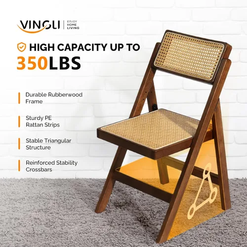 Vista 5 de VINGLI Silla de comedor de ratán, silla plegable de madera con respaldo giratorio de 360°, marco de madera de caucho y asiento y respaldo tejidos