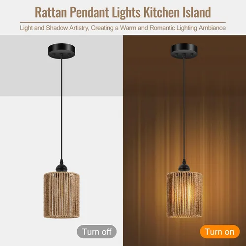 Vista 4 de BoostArea Luces Colgantes de Ratán para Isla de Cocina, Candelabro de Estilo Rústico con Pantalla de Mimbre Tejida a Mano, Luz Colgante Bohemia