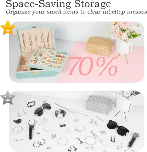 Vista 4 de Joyero organizador de 2 capas para mujeres y niñas, estuche de almacenamiento para aretes, anillos, collares, regalo para mujeres (verde)