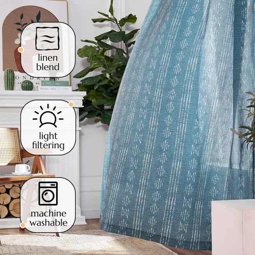 Vista 7 de Vangao Cortinas bohemias con estampado de rayas azules, cortinas de granja de 96 pulgadas de largo, 2 paneles de cortinas de mezcla de lino