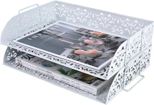 Vista 9 de Juego de 2 bandejas de metal apilables para documentos y cartas, organizador de escritorio, Rose gold