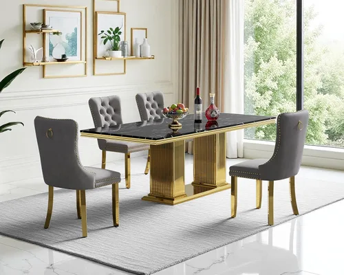 Vista 35 de Juego de mesa de comedor de mármol para 4, mesa de cocina rectangular de mármol negro de 68 pulgadas con base en H de acero inoxidable dorado, juego
