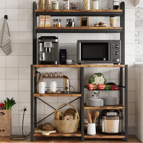 Vista 8 de GAOMON Estante para panaderos con toma de corriente, estante de cocina con cesta de alambre, soporte para microondas con grandes estantes