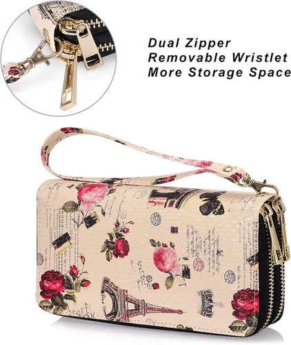 Vista 4 de HAWEE - Cartera para teléfono celular, con dos cierres y correa larga extraíble para la muñeca, para mujer