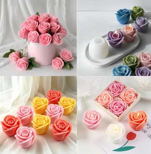 Vista 6 de 4 moldes de velas de flores de rosas, moldes de silicona para hacer velas, molde decorativo en forma de flores 3D para fondant jabón, pastel