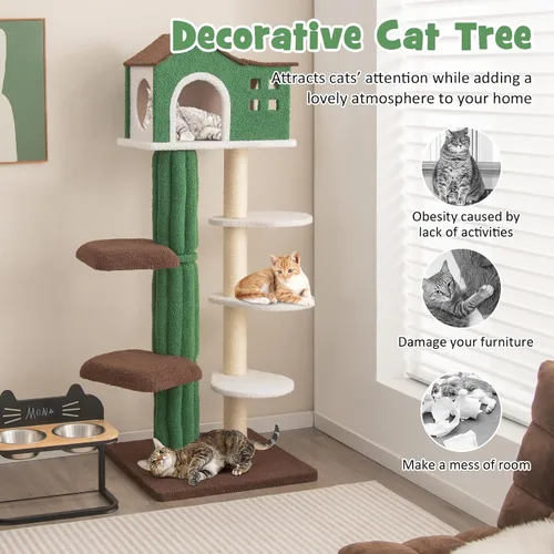 Vista 8 de Tangkula Árbol alto para gatos de interior, torre moderna de 7 niveles y 61 pulgadas con postes rascadores de sisal, condominio superior, tela