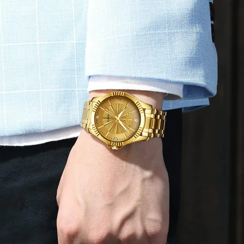 Vista 7 de Reloj de acero inóxidable dorado con cristales estilo clásico para hombre Fq-005