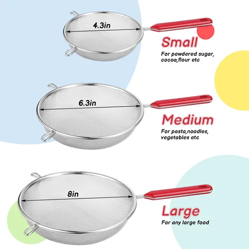 Vista 2 de 3 coladores de malla fina de acero inoxidable para cocina, tamiz fino de metal multiusos con asa, perfecto para alimentos, arroz, quinua