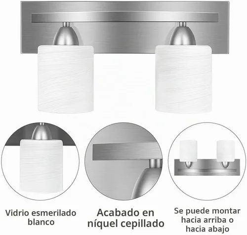 Vista 2 de PARTPHONER - Accesorio de iluminación para tocador de baño - Sobre espejo - Soporte de vidrio moderno - Níquel cepillado, base E26, 2 luces Níquel