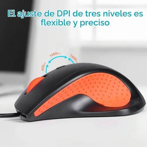 Vista 4 de ONE-UP Mouse de oficina con cable, diseño ergonómico, agarre de silicona antideslizante, 600/1000/1600 DPI ajustable, cable de 5 pies, compatible