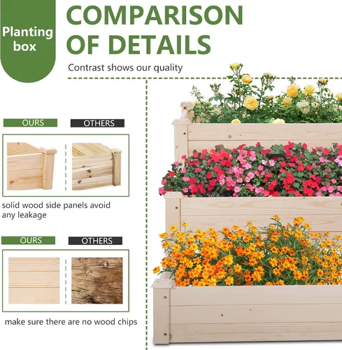Vista 6 de FDW Jardinera elevada de 3 niveles para exteriores, jardinera de madera de 48 x 48 x 29 pies, con secciones divididas, base abierta para verduras