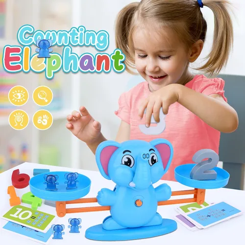 Vista 2 de Juguete de equilibrio de elefante, juego educativo de equilibrio de números matemáticos, juguete de aprendizaje de números con elefantes pequeños