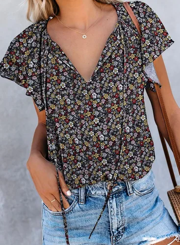 Vista 2 de SimpleFun Blusa de verano de manga corta con cuello en V floral para mujer