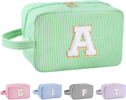 Vista 27 de Bolsa de maquillaje personalizada con inicial A-Z para mujeres, niñas y niños, bolsa de aseo de viaje, bolsa de maquillaje preparada, bolsa