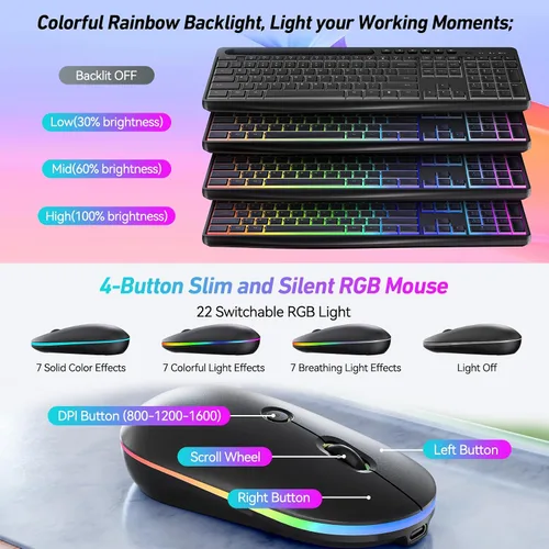 Vista 2 de Combo de teclado y mouse inalámbricos con retroiluminación, 2.4G de tamaño completo, ergonómico, recargable, teclado de computadora con soporte