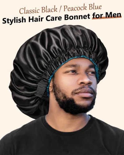 Vista 3 de mikimini Gorro de satén para hombres y mujeres, gorro de dormir reversible de doble capa para trenzas de cabello con banda elástica ajustable