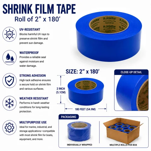 Vista 4 de Mr. Shrinkwrap Cinta de película retráctil de 2 pulgadas, impermeable, adhesiva, adaptable, ideal para reforzar costuras, parches y puertas