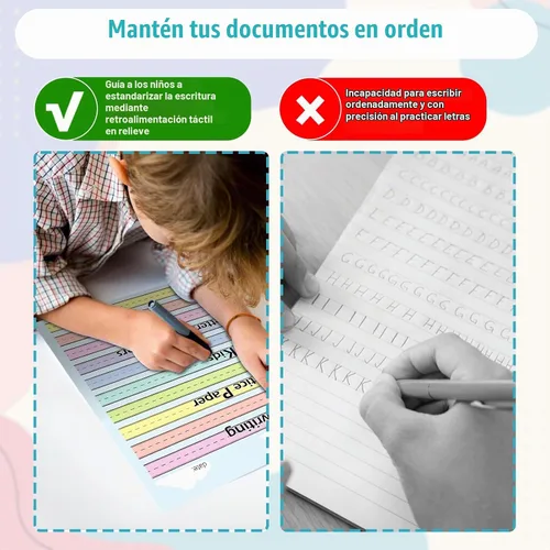 Vista 4 de 50 hojas de papel de línea elevada multicolor para práctica de escritura, papel de escritura de jardín de infantes de regla ancha, doble cara