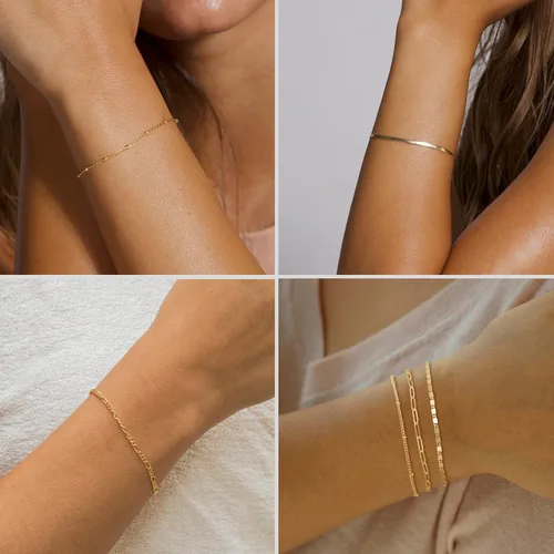 Vista 7 de MBW Pulseras de oro para mujer, juego de joyas chapadas en oro real de 14 quilates para mujer, a la moda, impermeables, apilables, delgadas
