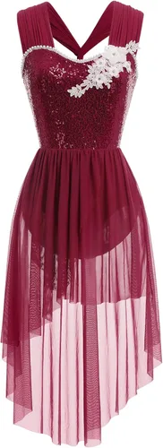 Vista 4 de ODASDO Vestido de baile lírico para mujeres adultas, moderno, contemporáneo, con lentejuelas, tul de malla, falda alta y baja, ropa de baile