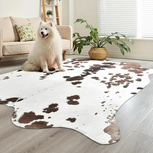 Vista 27 de Easycozy Alfombra de piel de vaca sintética con gran estampado de vaca, 3 x 4 pies, alfombra gruesa y elástica para dormitorio, sala de estar