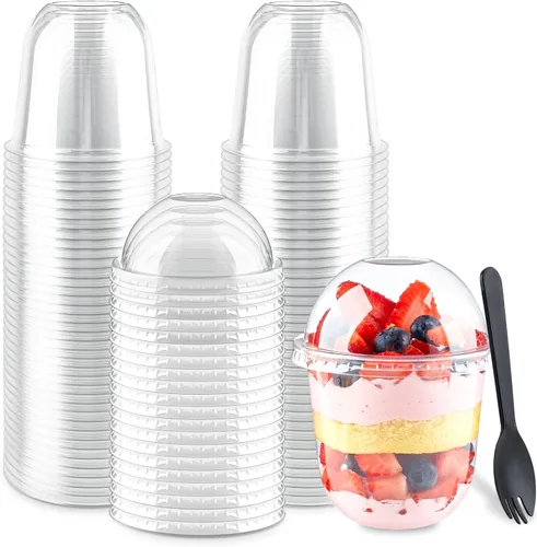 Vista 10 de Zezzxu Paquete de 50 Vasos de Postre de Plástico de 9 oz con Tapas de Cúpula (Sin Agujero) y Sporks, Vasos de Frutas Desechables Transparentes