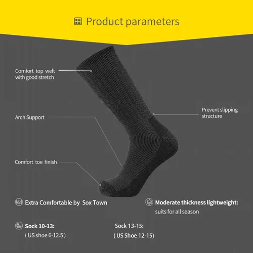 Vista 5 de SOX TOWN Men's Merino Wool Cushion Crew Socks Moisture Wicking Control for Outdoor Hiking Work Boot Thermal Warm All Seasons