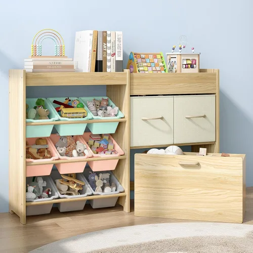 Vista 12 de EXPERLAM Organizador de almacenamiento de juguetes para niños, organizador de juguetes de 9 compartimentos con 2 cajones, cofre de juguetes móvil