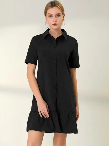 Vista 5 de Allegra K Vestido tipo camisa con botones para mujer, casual, con dobladillo recto, con volantes y cinturón