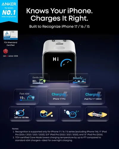 Vista 5 de Anker Cargador de pantalla inteligente nano, cargador rápido USB C máximo Negro
