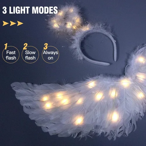 Vista 4 de Alas de ángel LED y halo, disfraz de ángel con luz para Halloween, halo, hada blanca, alas de cupido, disfraz de ángel para niñas, niños y mujeres